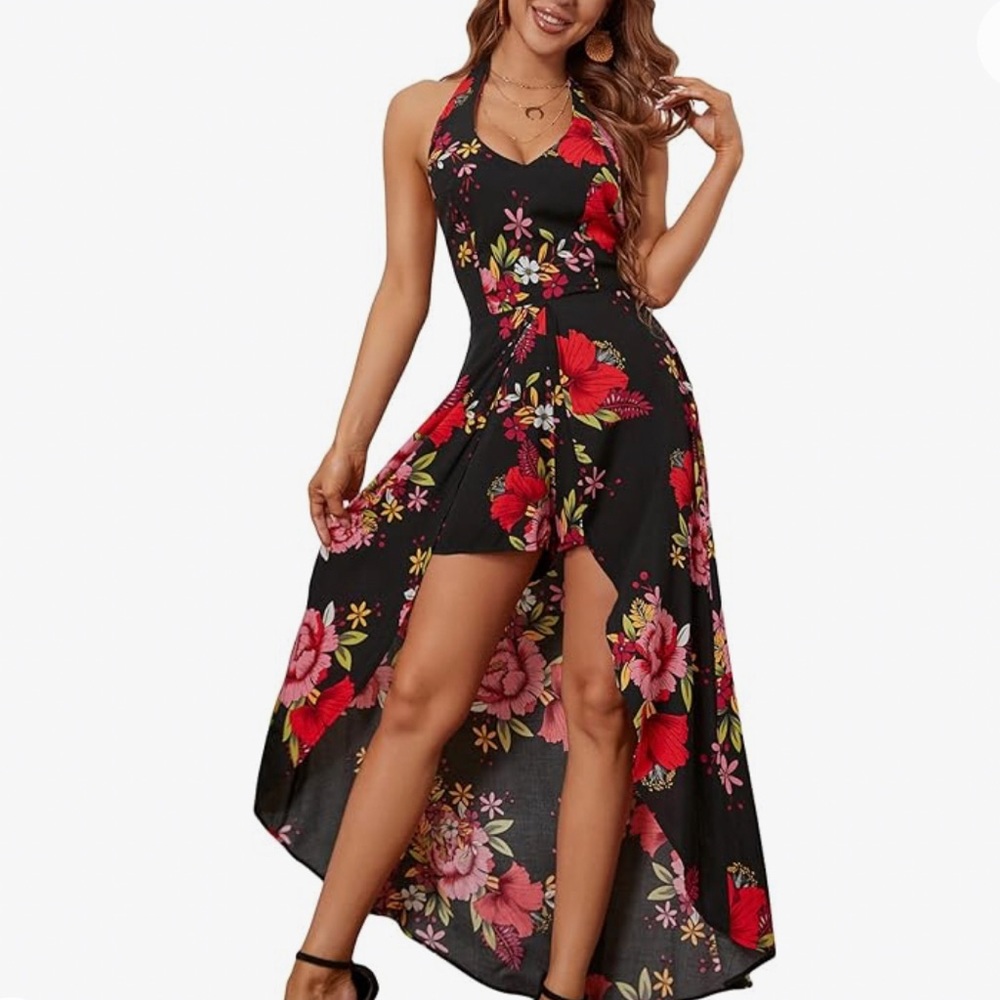 Beatific black and red halter romper dress